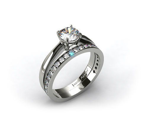 18k White Gold 2.2mm Wire Basket Solitaire Ring & 0.17ct Pave Set Diamond Wedding Ring